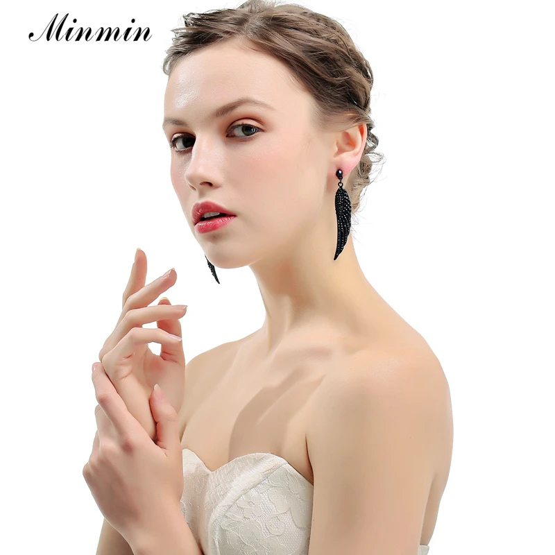 Минмин винтажные серьги с длинными перьями для женщин черные кристаллические крылья ангела свисают 2019 модные украшения для женщин MEH942.