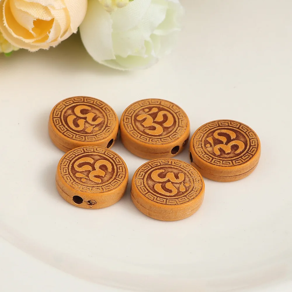 Doreen Box New Acrylic Beads Round Brown Yoga OM/ Aum Pattern Imitation Wood About 14mm( 4/8&quot) Dia Hole: Approx 2mm 200 PCs | Украшения