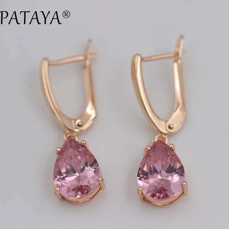pink PATAYA RU,, зеленые серьги в форме капель воды, натуральный циркон, 585, розовое золото, длинные серьги для женщин, романтические вечерние ювелирные изделия, разные цвета - Окраска металла: pink