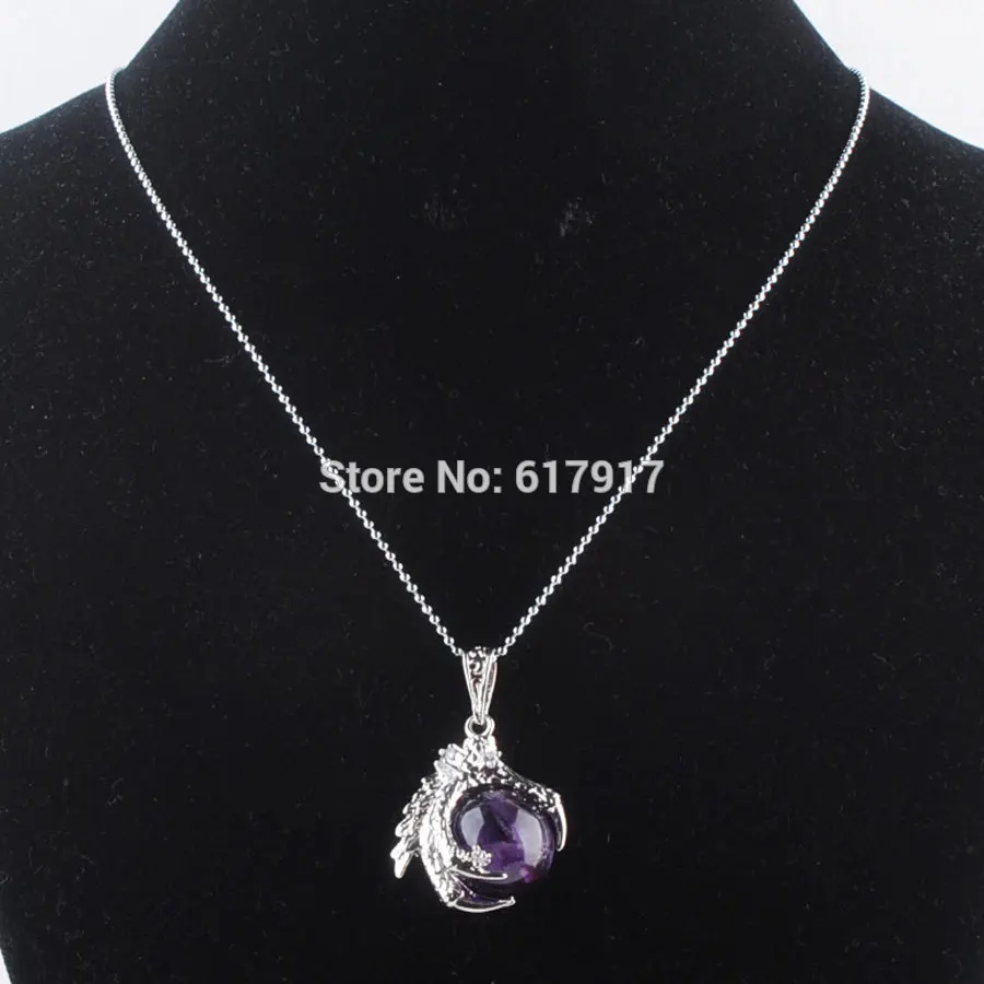 Pendant and Chain RONGZUAN Природный аметист камень драгоценный круглый шар бусина с драконом коготь кристалл кулон ожерелье 1" ювелирные изделия цепи TN3115 - Окраска металла: Pendant and Chain