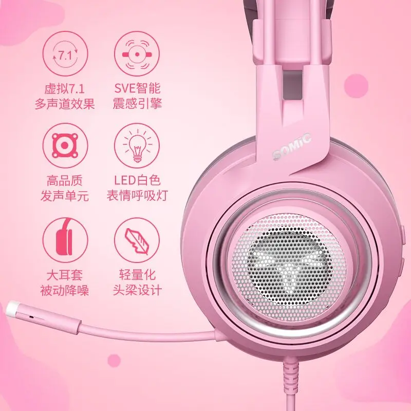 Розовый проводных наушников USB светодиодный прекрасный мультфильм косплей