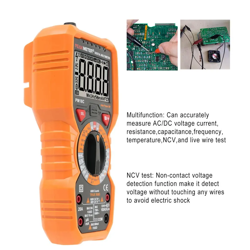 PEAKMETER PM18C 6000 отсчетов Цифровой мультиметр True RMS DC/AC Напряжение Ток Сопротивление