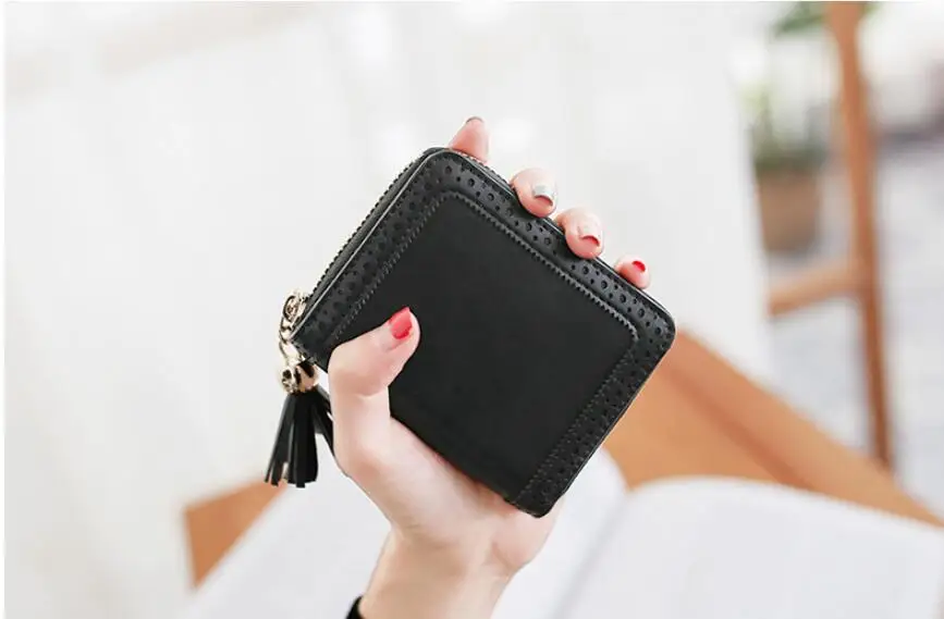 Angelatracy New Arrival Distress Solid PU Leather Card Hollow Out Women Coin Tassel ID Set Credit Card Holder CardHolder