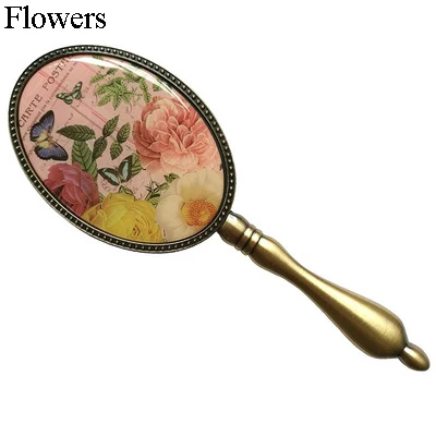 flower Винтажная античная латунь пластина Овальный цинковый сплав обрамленное стекло ручной зеркало с рыбой Seashell эпоксидный Декор сзади - Цвет: flower
