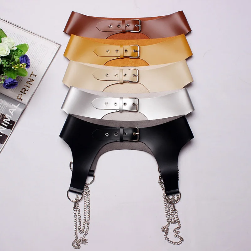 

TOYOOSKY 2019 Harajuku Black Punk Women Belt For Double Metal Chain PU Leather Sexy Waist seal for Jeans Party of High Quality