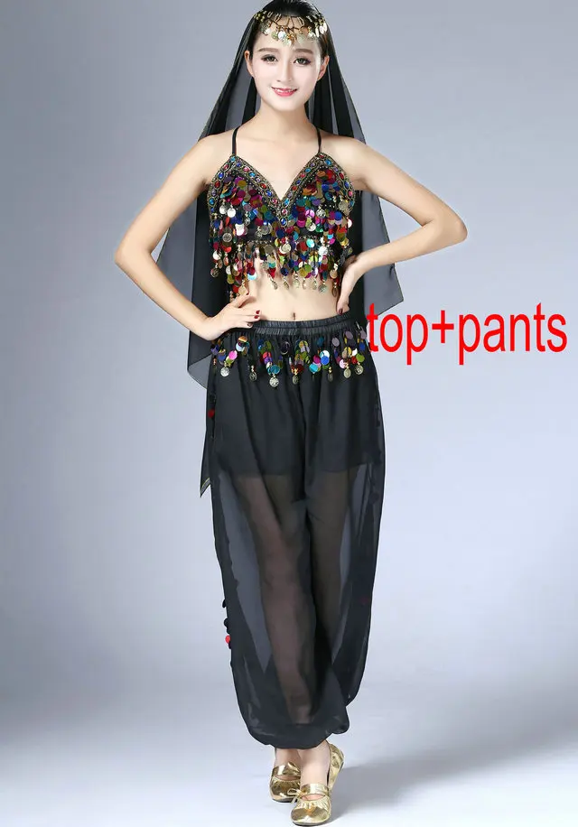 Top Pants Костюм для танца живота с блестками для девочек топ бюстгальтер на бретельках с завязкой вуаль Женская Клубная одежда костюм комплект фестиваль Болливуд Восточный танец наряд - Цвет: Top Pants