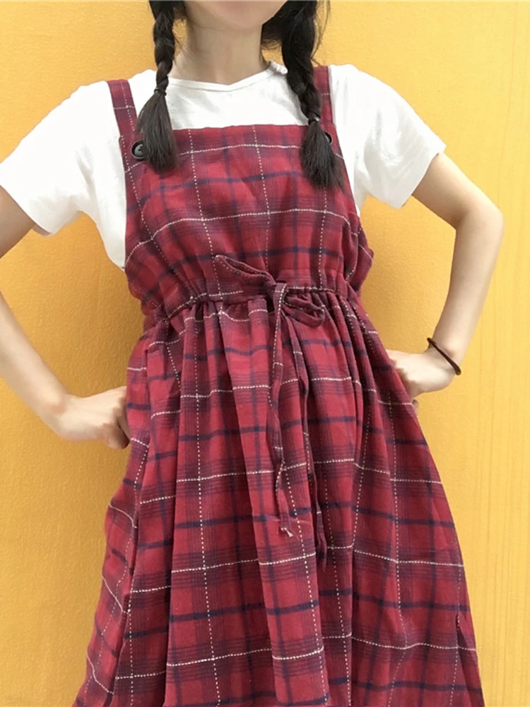 Летняя обувь в японском стиле Харадзюку женские подтяжки клетку платье с высокой