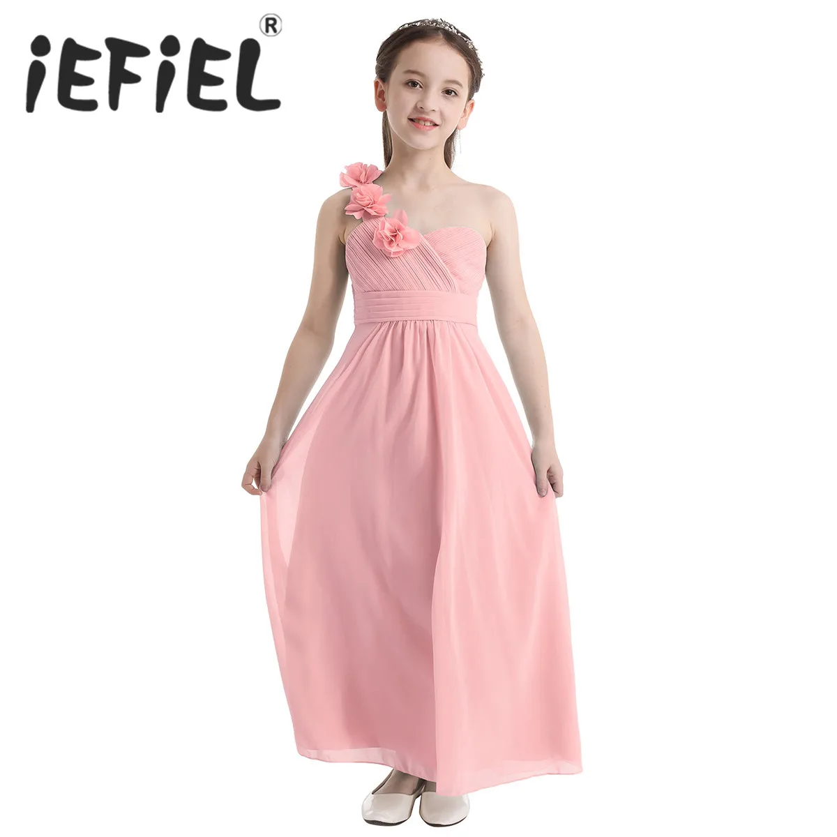 

iEFiEL 4-14Y Kid Girls Child Flower Chiffon Tulle Lace Dress Party and Wedding Bridesmaid One-shoulder Formal Summer Maxi Dress