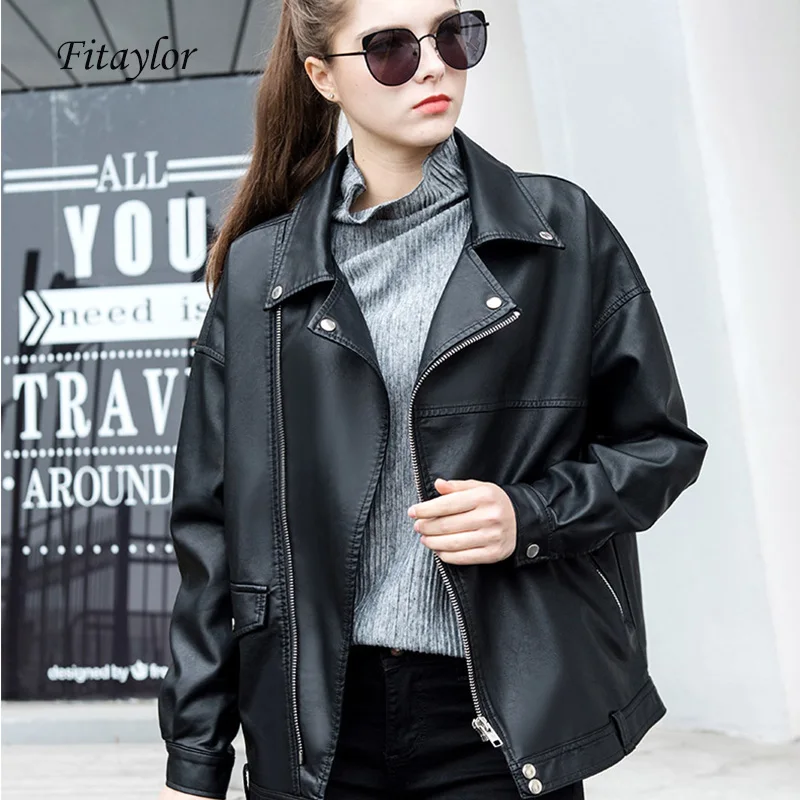 Женская куртка бомбер Fitaylor свободная байкерская из искусственной кожи в стиле