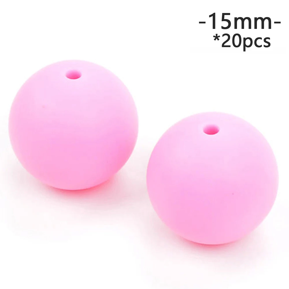 Pink LOFCA 15mm 20pcs/lot Silicone Loose Beads Safe Teether Round Baby Teething Beads DIY Chewable Colorful Teething For Infant - Цвет: Pink