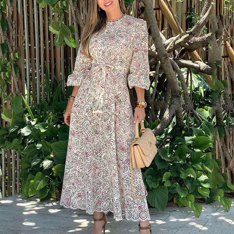 2019 раннее осеннее женское платье с узором Вышитое открытое пышными рукавами