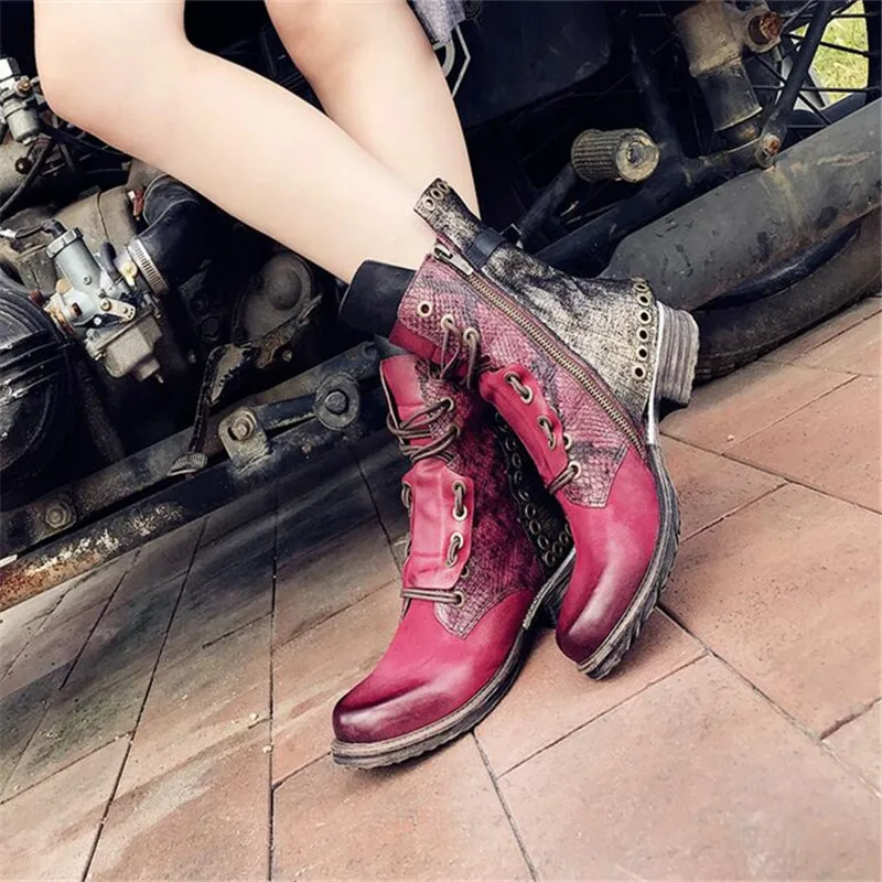 Prova Perfetto Лоскутные ботильоны для женщин Осень Зима Плоская подошва Botas Mujer женские заклепки Шипованные платформа Резиновая женская обувь