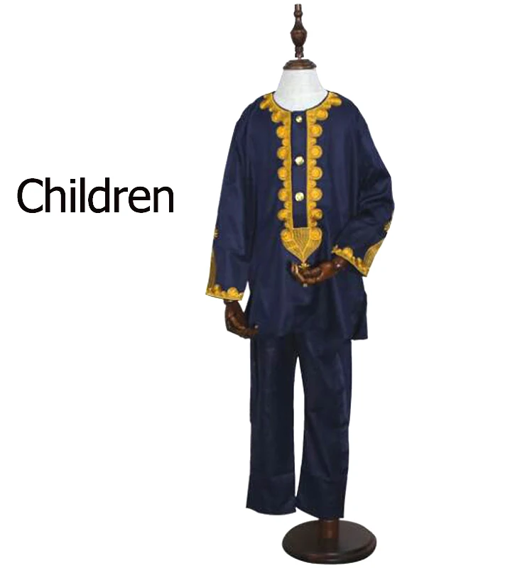 kid dark blue Африканская детская одежда Базен Риш Дашики мужская одежда в африканском стиле Южная Африка рубашка брюки 2 шт костюмы комплект для родителей - Цвет: kid dark blue