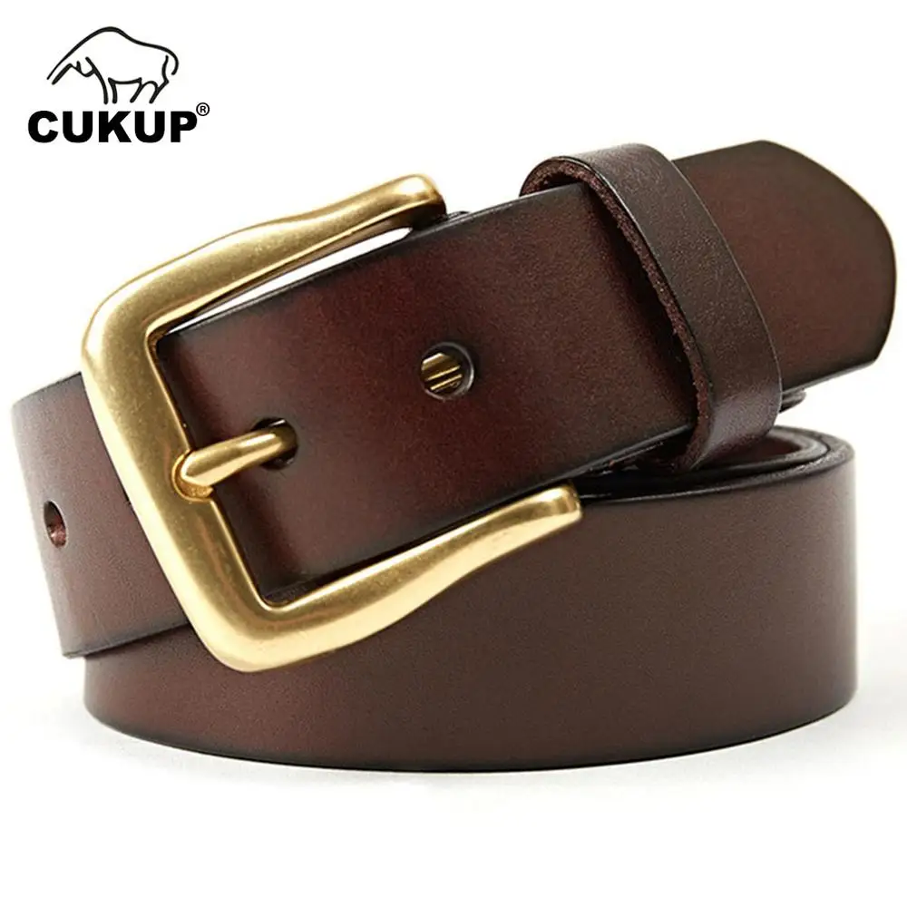 CUKUP Top Quality 100% Solid Pure Cowhide Leather Unique Design Brass Pin Buckle Metal Belt Men Jeans Accessories Belts NCK335