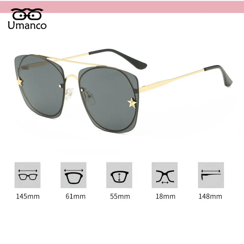 

Umanco 2021 Fashion Rimless Square Sunglasses for Women Men Metal Star Decoration Gradient Eyeglasses UV400 Sun Shades Beach