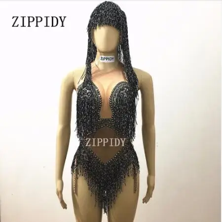 black bodysuit Блестящие черные кисточкой стразы блестят камни боди Nigthclub певица наряд цельный сценический костюм показать купальник головной убор - Цвет: black bodysuit