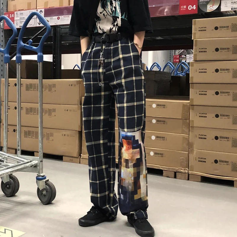 Woherb Harajuku, женские и мужские винтажные клетчатые брюки с принтом, брюки с эластичной талией, хип-хоп стиль, уличная одежда,, свободные прямые брюки