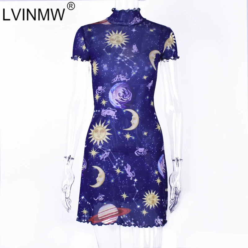 LVINMW пикантные сетчатые прозрачные Galaxy со звездным принтом плиссированное платье