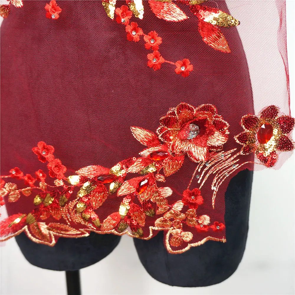 Красная кружевная ткань 3D цветок Стразы Блестки вышитая искусственная отделка