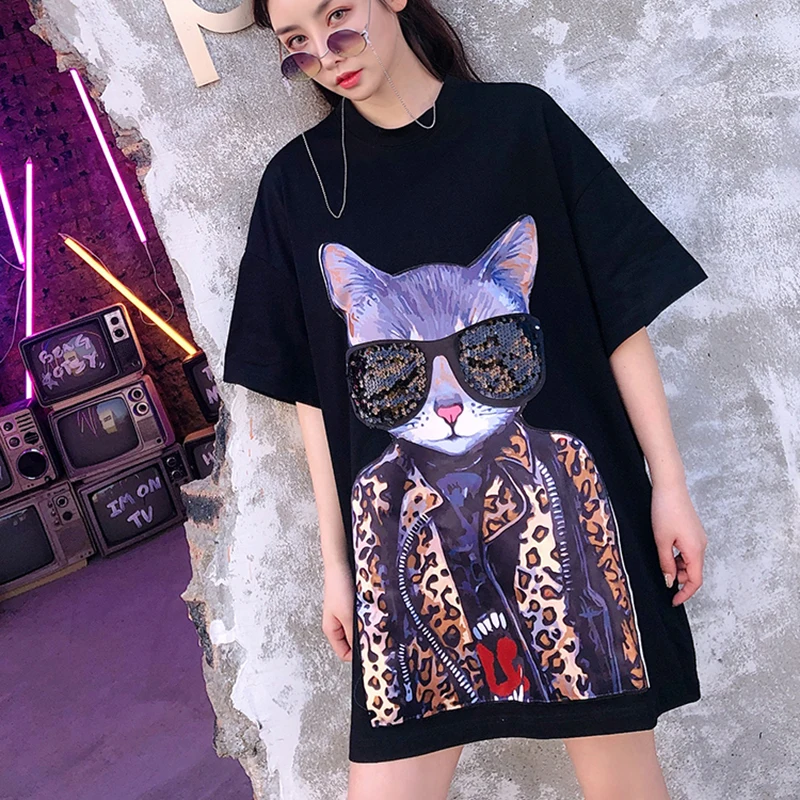 7mang 2019 летняя уличная свободная футболка с рисунком кота Повседневная коротким