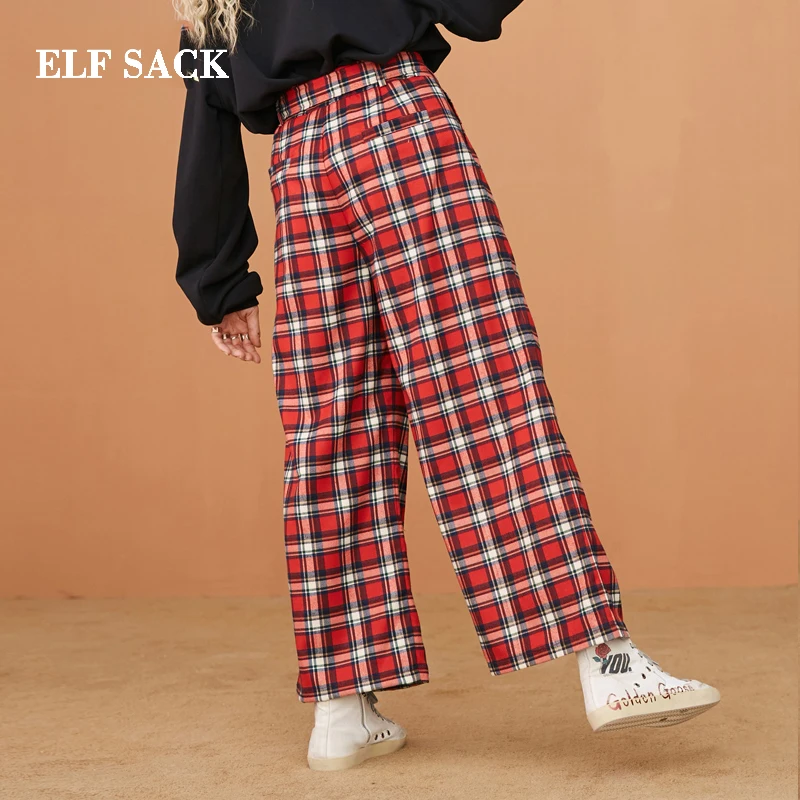 ELFSACK/Новинка женские брюки повседневные клетчатые широкие на завязках в