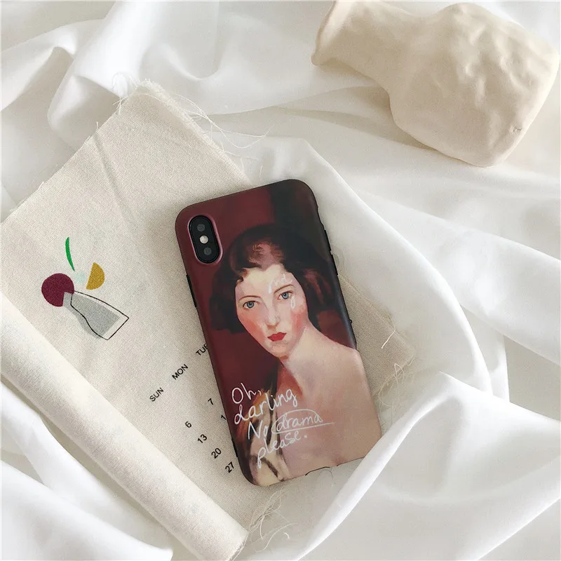 Wine Red Retro Oil painting Girl Phone case For iphone X Soft silicone cover 6S 7 8 Puls Back Funny Letter | Мобильные телефоны и