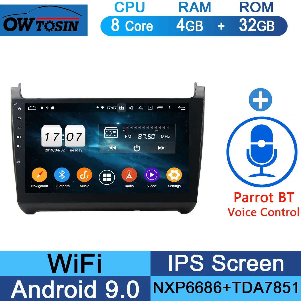 32G Parrot BT 10," ips 8Core Android 9,0 4G ram+ 64G rom автомобильный проигрыватель с радио и GPS для Volkswagen VW Polo 2012 2013 DSP CarPlay - Цвет: 32G Parrot BT
