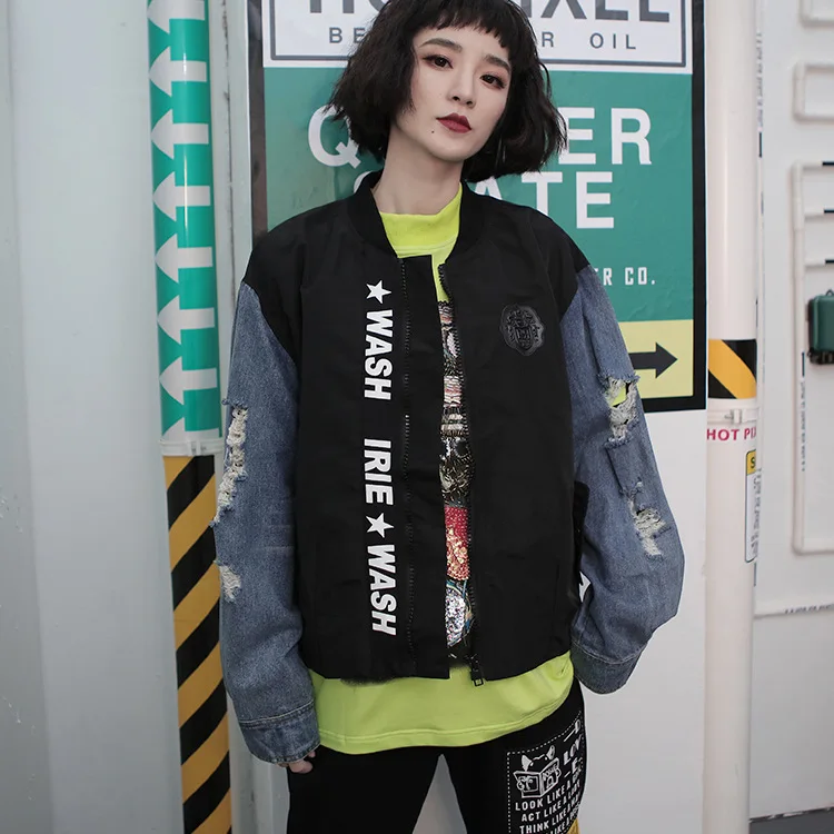 

Zip Up Letter Print Jacket Long Sleeve Stand Collar Coat Colorblock Women Crop Tops 2019 Spring Autumn Style Casual Jackets