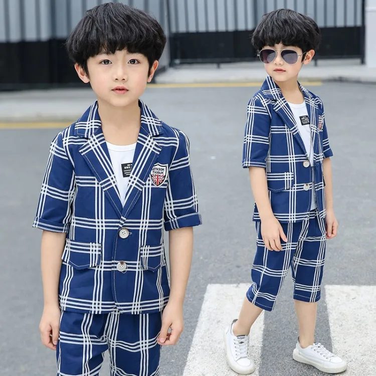 2019 New 3PCS Kids Plaid Wedding Blazer Half sleeve Suit Brand Flower Boys Formal Tuxedos School Spring Clothing Set |