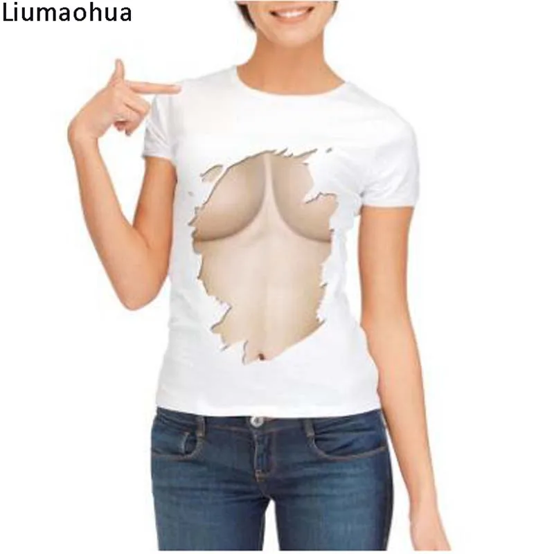 3D nipple chest T-shirt Creative spoof fun European and American street white wild short-sleeved T-shirt digital printing