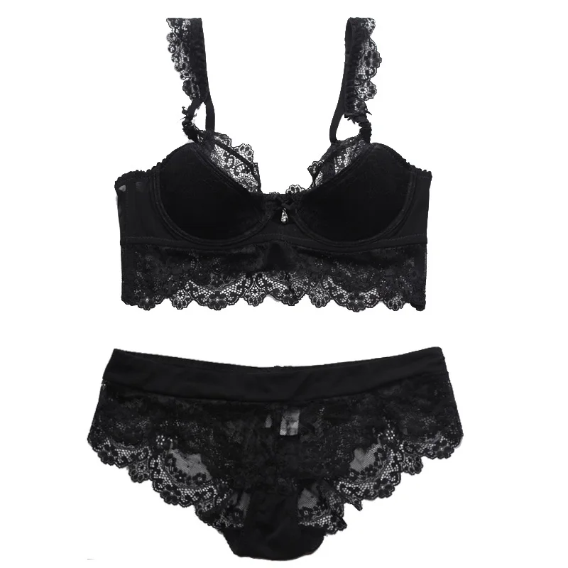 Plus Size Bra and Panty Sets Underwear With Lace Bra Half Cup Underwire Ultra Thin Sexy Lingerie Brassieres 90D 95C 95D - Цвет: black
