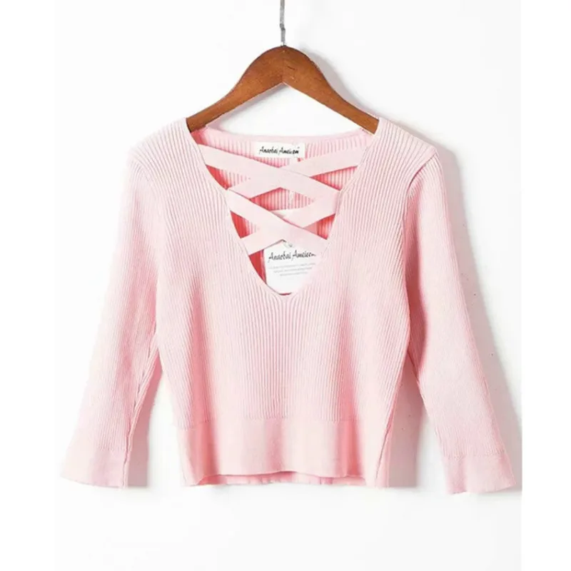 Long Sleeve Knitted Sweater for Women Solid High Quality Comfort Lady Pullover Fashionable Criss Cross Crop Tops Casual Wear | Женская