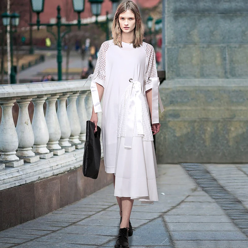 Лето поддельные две пьесы марлевые лоскутное dress женщины тонкая талия кружева