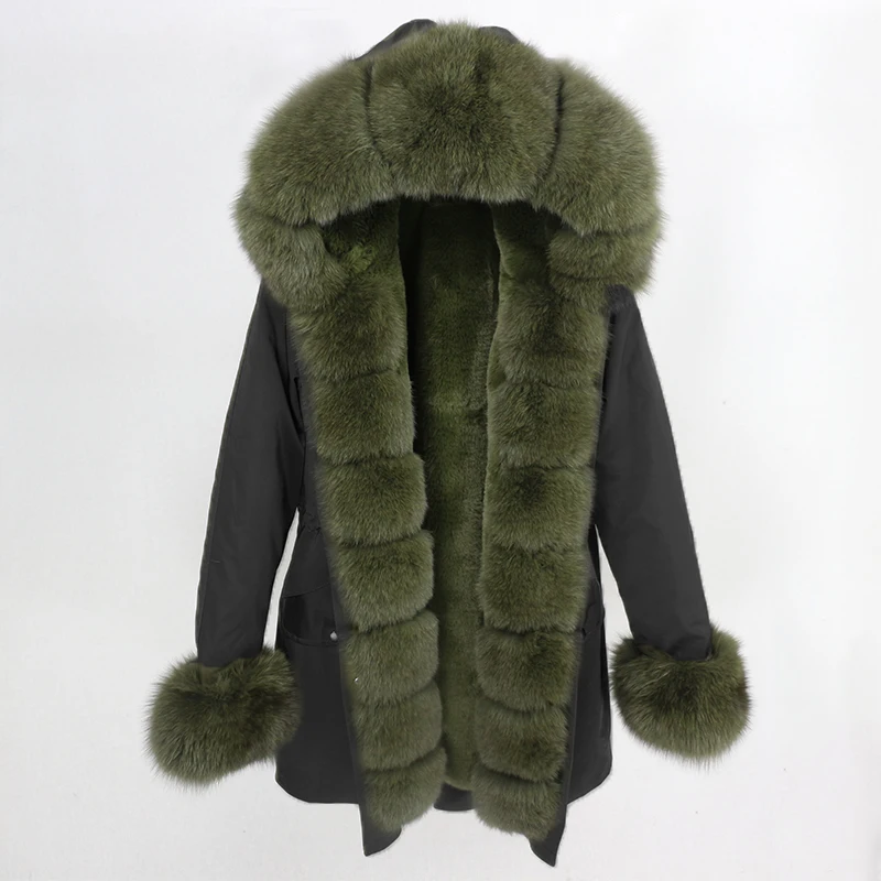 black green Женская парка с натуральным лисьим мехом OFTBUY, бежевое пальто с отделкой из лисьего меха, свободная длинная парка, верхняя одежда со съемным мехом, зима - Цвет: black green