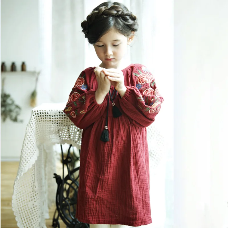 Baby Girls Teens Dress Long Sleeve Vestidos 2019 Spring Autumn Christmas with Embroidery Cotton Linen Dresses Kids Clothes | Детская