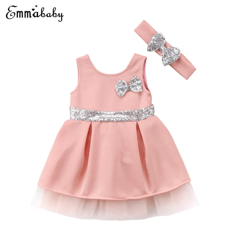 2018 Summer Sequin Dress Toddler Baby Girls Princess Bowknot A Line Mesh Headband Outfit Pageant Party Dresses 0-4T | Детская одежда и