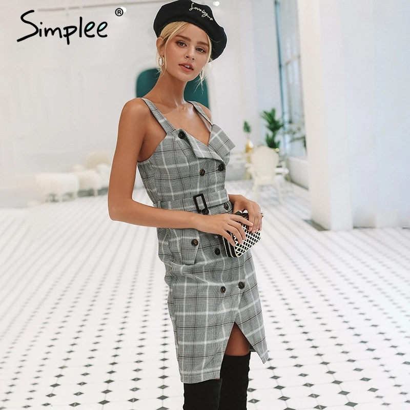 Короткое женское платье Simplee с высокой талией, двубортное клетчатое платье с ремешком для офисной леди, повседневное платье для осени и зимы