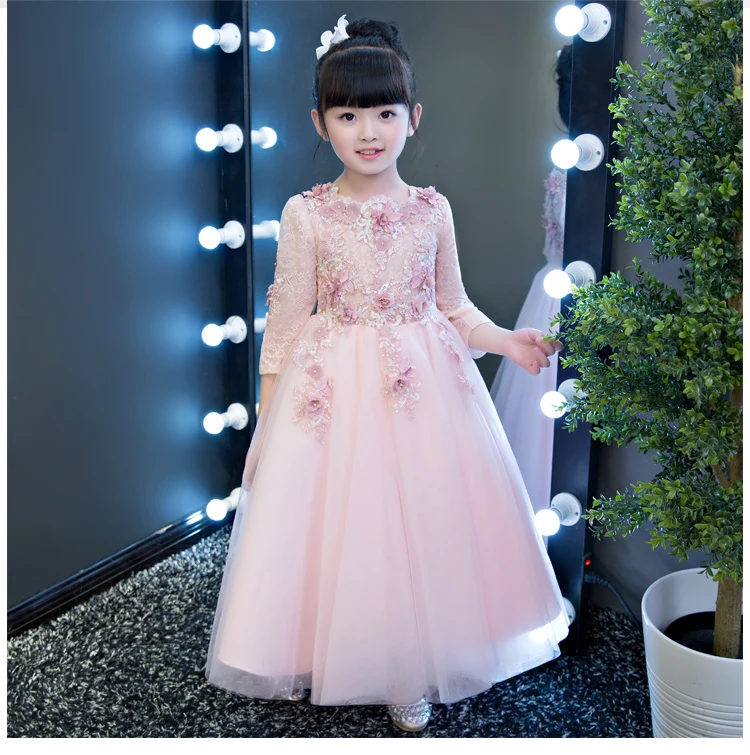 2017 Long Sleeve Flower Girls Dresses For Wedding Pink Lace Girl Formal Birthday Party Dress Princess Gown Kids Autumn Vestido | Детская