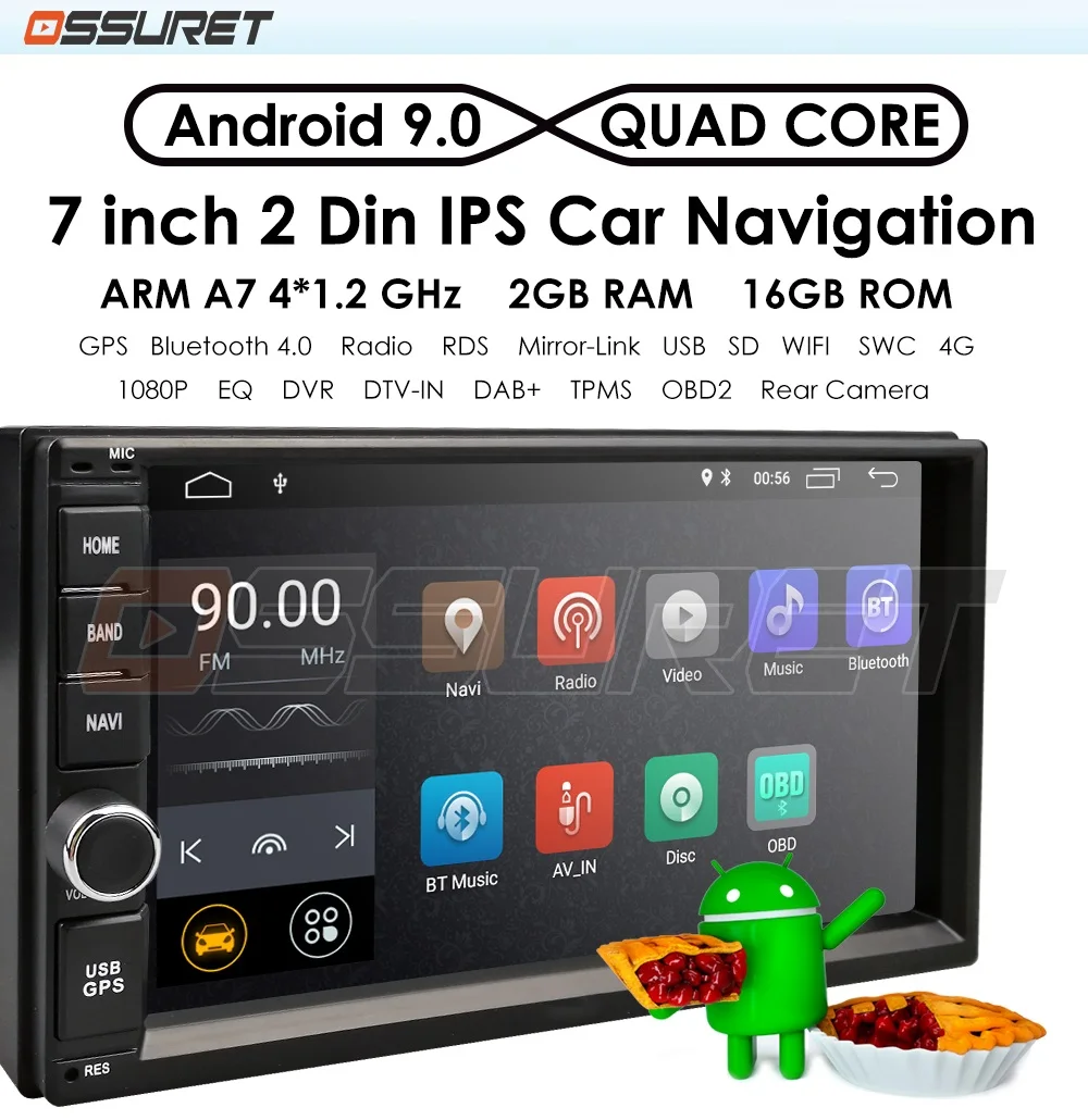 Универсальный 2 din Android 9,0 четырехъядерный автомобильный gps Wifi радио BT 2 Гб ram 16 Гб rom 64 Гб SD 4G SIM сетевой Руль RDS SWC CAM
