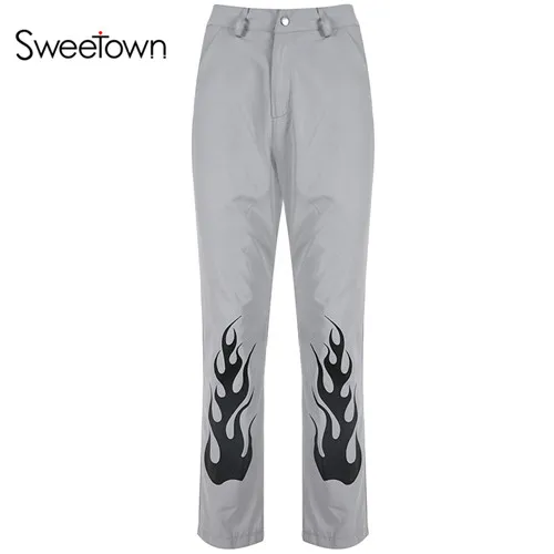 gray Женские брюки-карго Sweetown с огненным принтом; серые прямые брюки с высокой талией; женские брюки на молнии с карманами; Повседневная Уличная одежда - Цвет: gray