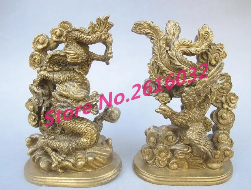 

Старинная китайская Бронзовая Статуя Дракона Феникса ручной работы, талисман