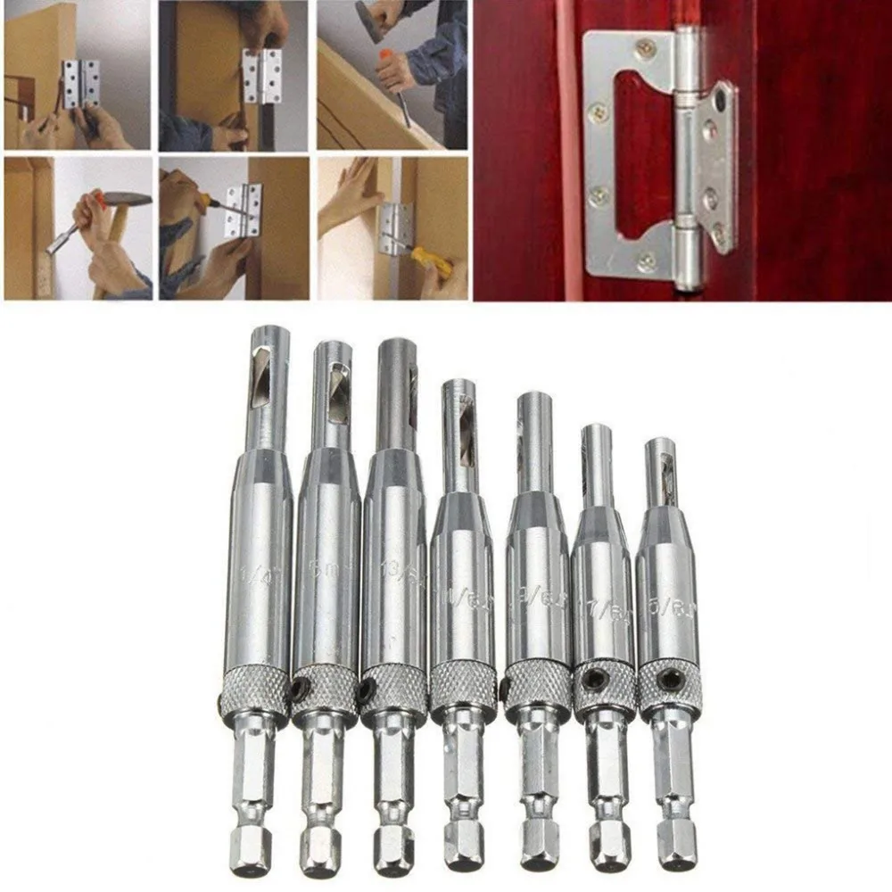 

7PCS HSS Door Self-centering Hinge Hole Opening Drill Bit Twist Wood Carpenter Kit and Hex Wrench