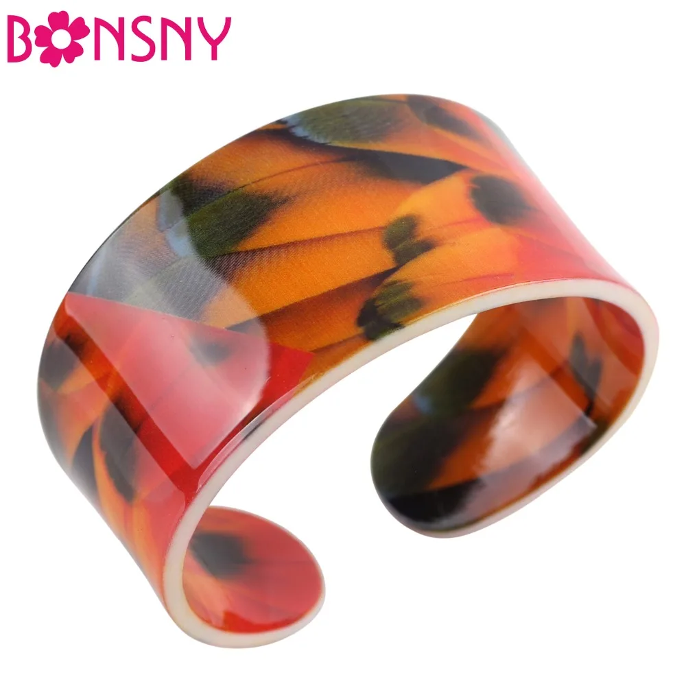 Bonsny акриловый милый красочный узор птица браслет перо новости 2017 ювелирные