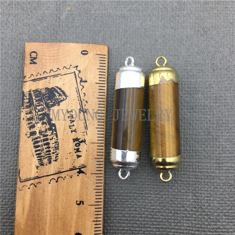 

MY0626 Tiger Eye Cylinder Pillar Gems Stone Connector With Double Gold or Silver Color Caps And Bails Necklace Making Pendant