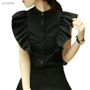 Женские винтажные рубашки с рукавом-бабочкой, брендовые Модные топы без рукавов с воротником-стойкой, женская блузка с черно-белыми оборками в стиле ретро