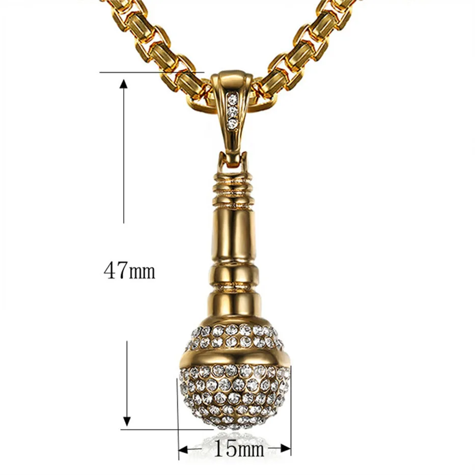 Хип хоп Iced Out Bling кулон микрофон ожерелье для мужчин золотой цвет нержавеющая