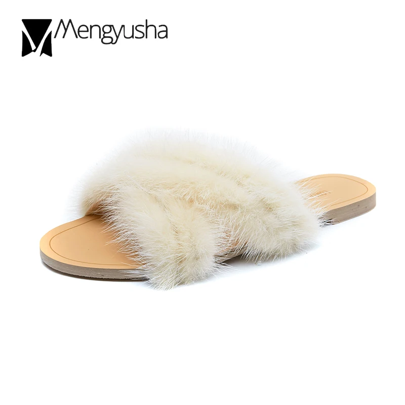 Летние меховые шлепанцы на плоской подошве Женские дизайнерские Шлепанцы из