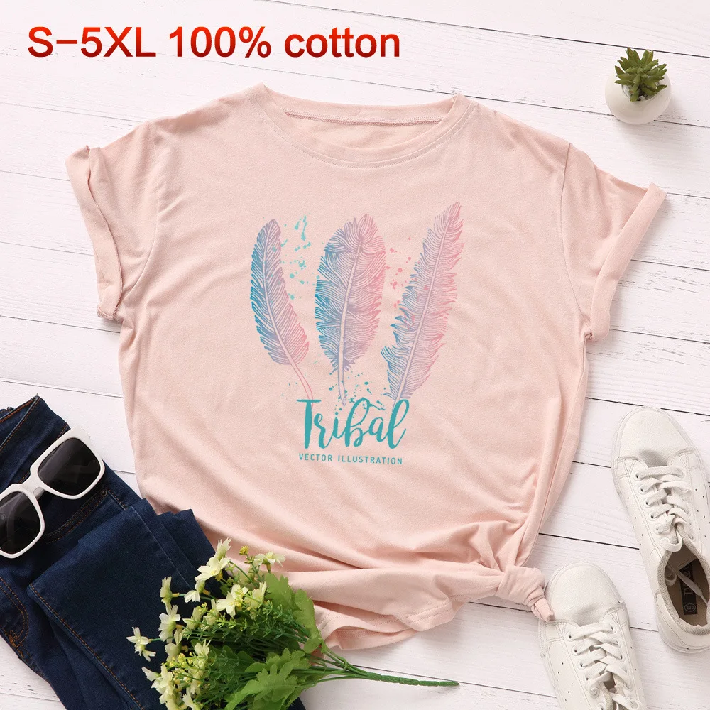 Розовый Женские футболки 3XL 4XL 5XL размера плюс, хлопковая Футболка с принтом перьев, топы с коротким рукавом, Корейская Футболка Harajuku, футболки - Цвет: Розовый