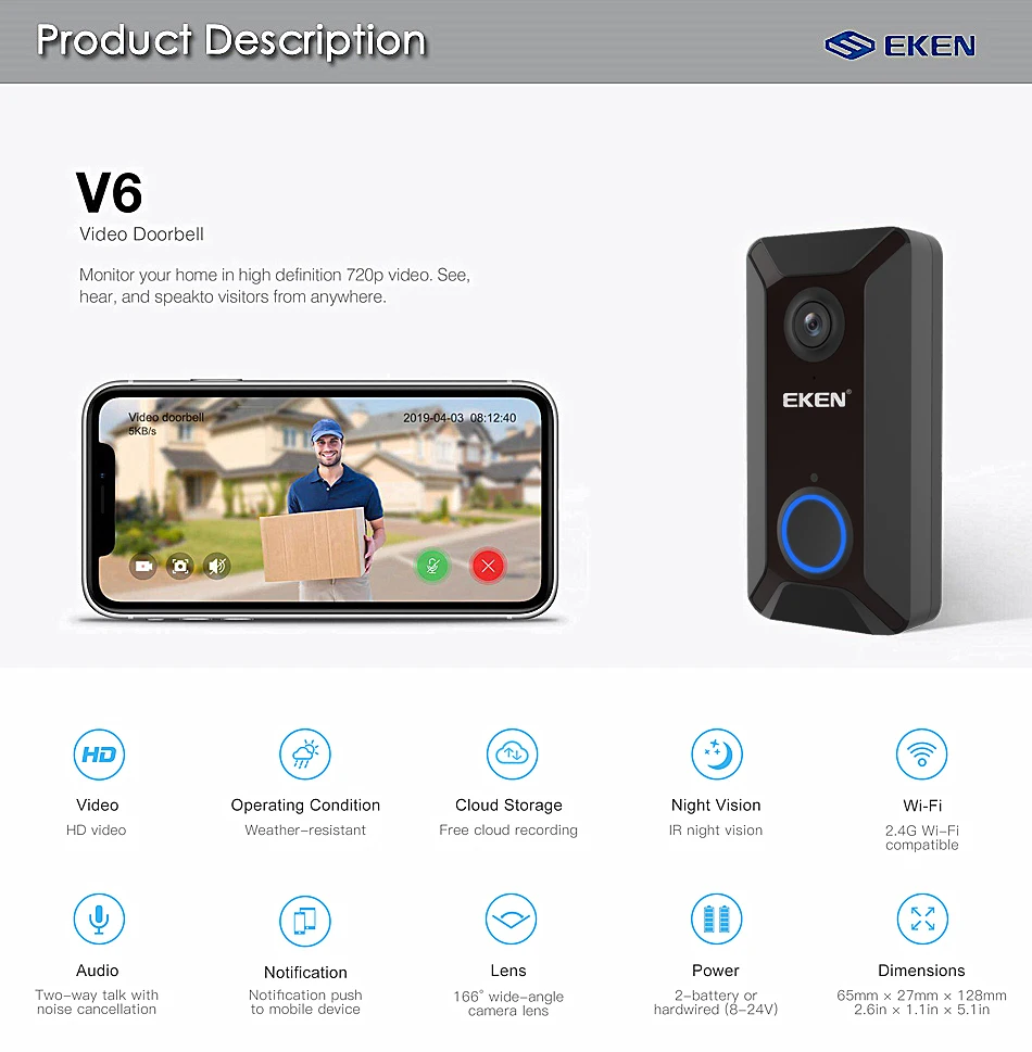 Eken V6 смарт WiFi видео дверной звонок камера визуальный домофон с колокольчиком ночного видения IP дверной звонок беспроводная домашняя камера безопасности