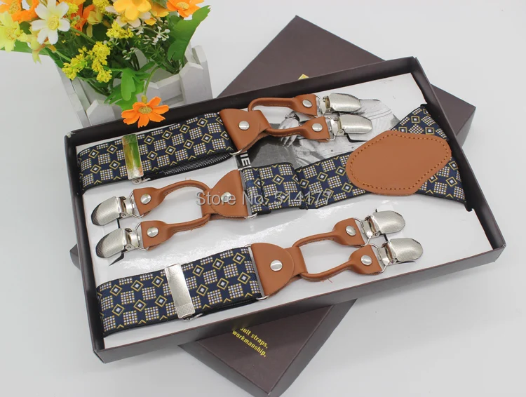 

2019 New fashion checks vintage braces leather suspenders Adjustable 6 clip Men's suspenders fashion clothing recessionista